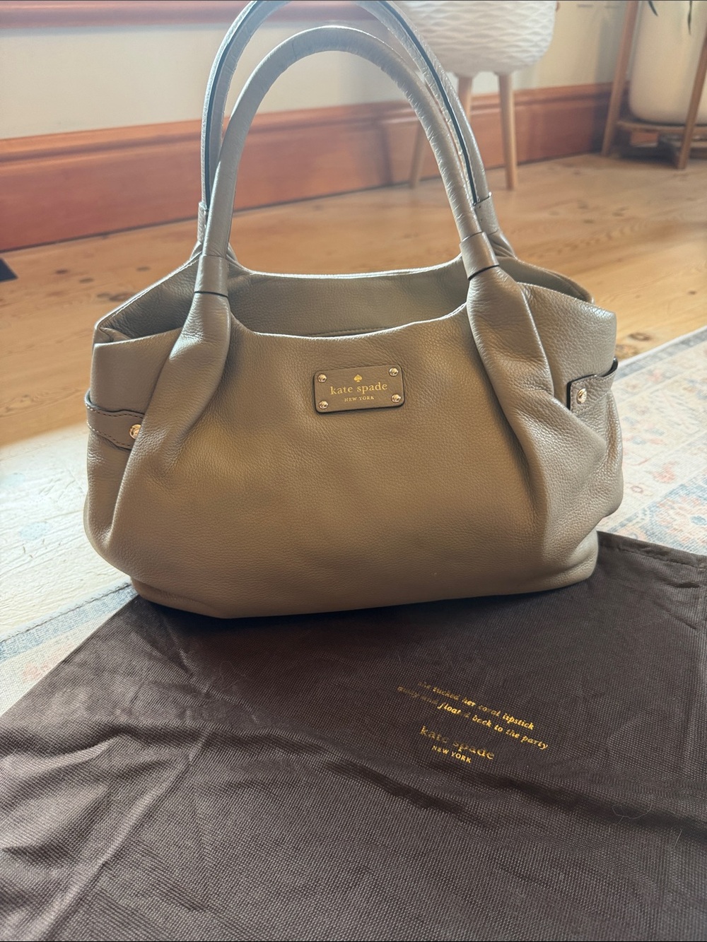 Kate Spade greige leather tote with gold plate